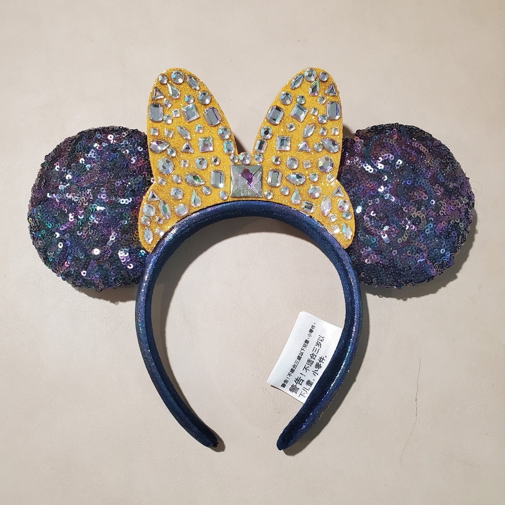 Disney Parks Minnie Mouse Ears Headband Purple Sequin Gold Rhinestone Bow Blue